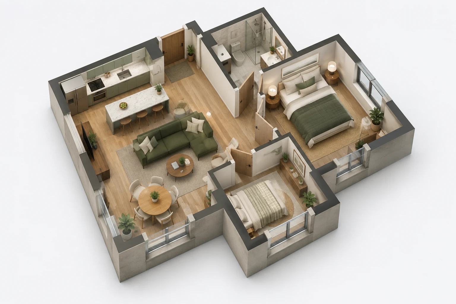 Illustrative cutaway of a furnished two-bedroom apartment, showing how the rooms connect