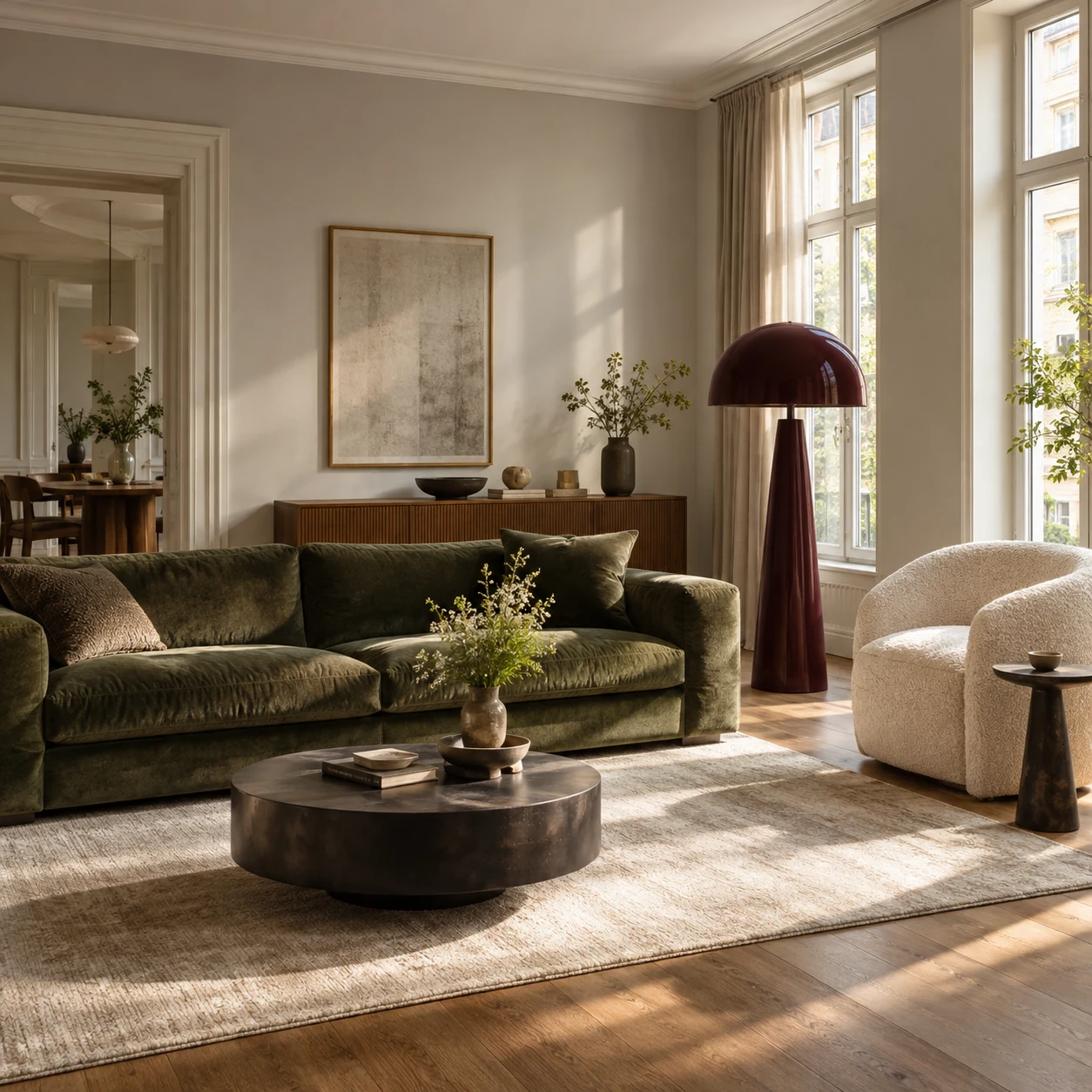 Illustrative furnishing concept with an olive sofa, cream chair and burgundy floor lamp